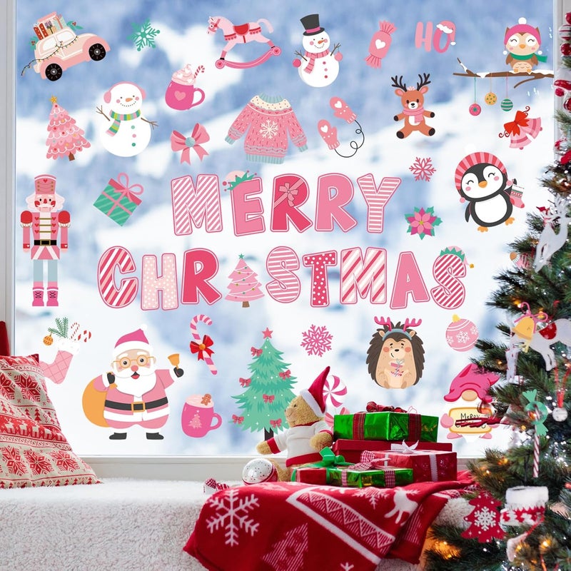 Whaline 9 Sheets Merry Christmas Window Cling Stickers Pink Cartoon Santa Snowman Penguin Reusable Window Decals for Xmas Winter Party Home Office Classroom Decoration - Image 5